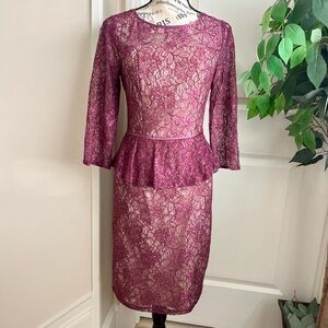 Adrianna Papell Peplum Lace Long Sleeve Dress Purple Sz 8